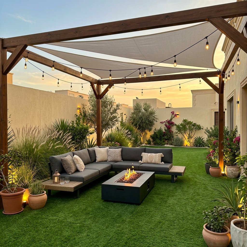 استراحة بعد التنسيق ببيرجولا وجلسة وعشب صناعي